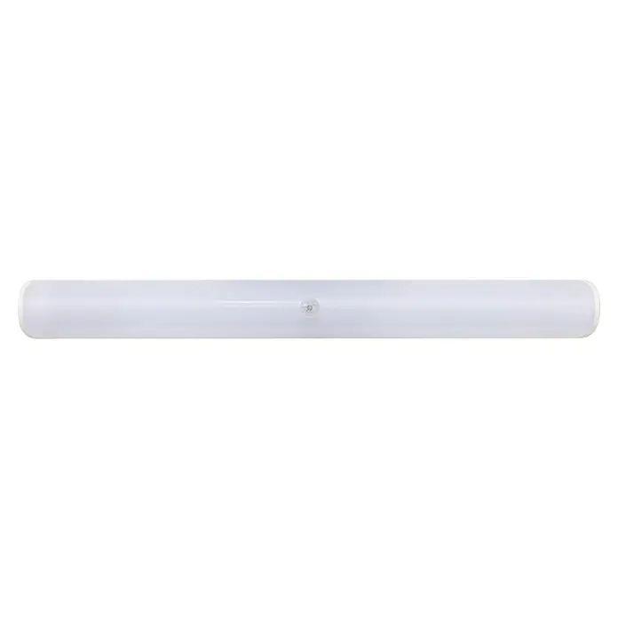 Ledvance LED-Unterbauleuchte Linear Swivel - Länge: 35 cm, Warmweiß - Eine längliche, weiße LED-Leuchte mit einem Bewegungssensor in der Mitte. Ideal für Flure und Treppenhäuser.