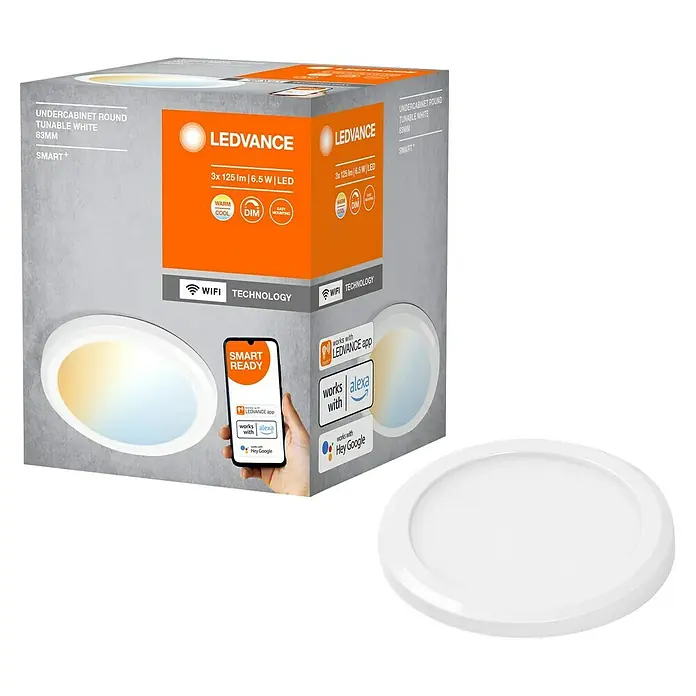 Ledvance Smart+ LED-Unterbauleuchten-Set - Mehrfarbig - Produktfoto: LEDVANCE Unterbauleuchte rund, tunable white, 83mm, SMART+ Verpackung und Produktansicht.