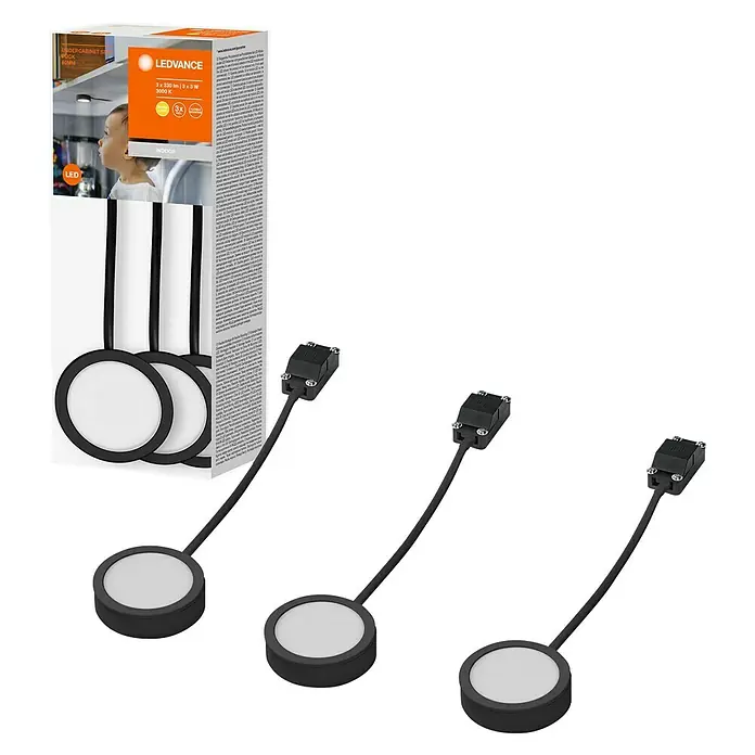 Ledvance LED-Unterbauleuchten-Set Spot Puck - Warmweiß, Schwarz - Bild einer LEDVANCE Unterbauleuchte mit drei runden LED-Leuchten in Schwarz, die für eine helle und energieeffiziente Beleuchtung sorgt.