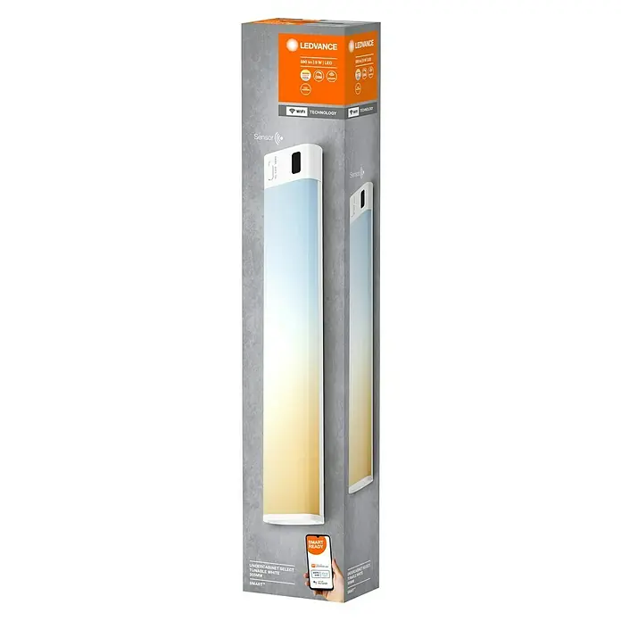 Ledvance Smart+ LED-Unterbauleuchte Slim Sensor - Länge: 30,5 cm, Mehrfarbig - Verpackung einer LEDVANCE Unterbauleuchte Select Tunable White mit Sensor, 580 lm, 9W LED, WiFi-Technologie, 305mm, Smart+ Steuerung per App.