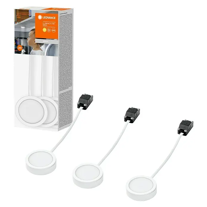 Ledvance LED-Unterbauleuchten-Set Spot Puck - Warmweiß, Weiß - LEDVANCE Unterbauleuchte Set, bestehend aus drei runden LED-Leuchten mit Kabel und Netzteil, ideal für die Küchenbeleuchtung.