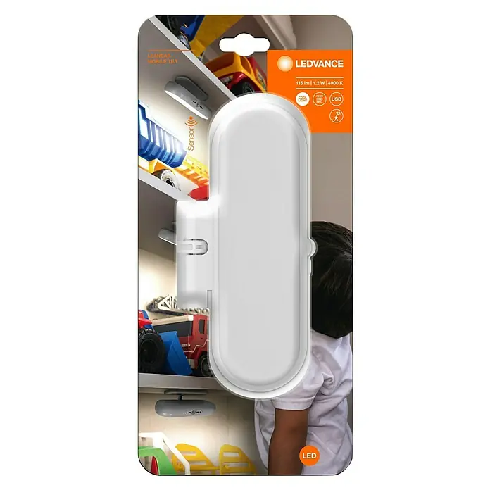 Ledvance LED-Unterbauleuchte Linear Mobile Tilt Sensor - Länge: 18,6 cm, Kaltweiß - Nahaufnahme der LEDVANCE Leuchte mit Bewegungssensor, ideal für Schränke und Regale, bietet flexibles, kabelloses Licht.