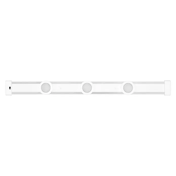 Osram LED-Unterbauleuchte Linear Magnet - Länge: 64,5 cm, Kaltweiß, 3 Stk. - Nahaufnahme einer weißen LED-Leuchte mit drei runden Lampen, die ein modernes und energieeffizientes Beleuchtungssystem darstellt.