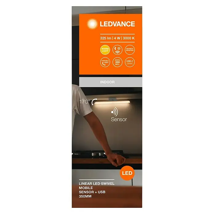 Ledvance LED-Unterbauleuchte Linear Swivel - Länge: 35 cm, Warmweiß - Abbildung einer LEDVANCE Linear LED-Schwenk-Leuchte mit Bewegungssensor und USB-Anschluss, 350mm.