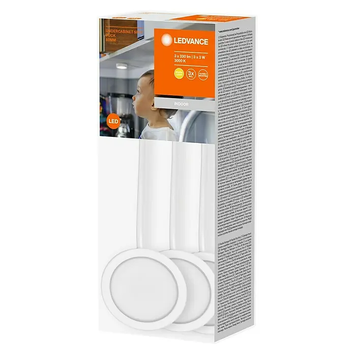 Ledvance LED-Unterbauleuchten-Set Spot Puck - Warmweiß, Weiß - Produktverpackung für LEDVANCE Unterbauleuchten-Set mit drei runden 60-mm-Spots, ideal für die Innenraumbeleuchtung mit warmweißem Licht.