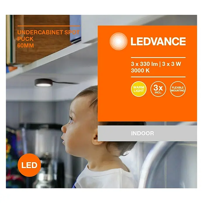Ledvance LED-Unterbauleuchten-Set Spot Puck - Warmweiß, Schwarz - Bild einer LEDVANCE Unterbauleuchte mit 60mm Durchmesser, die warmes Licht spendet und flexibel montiert werden kann.