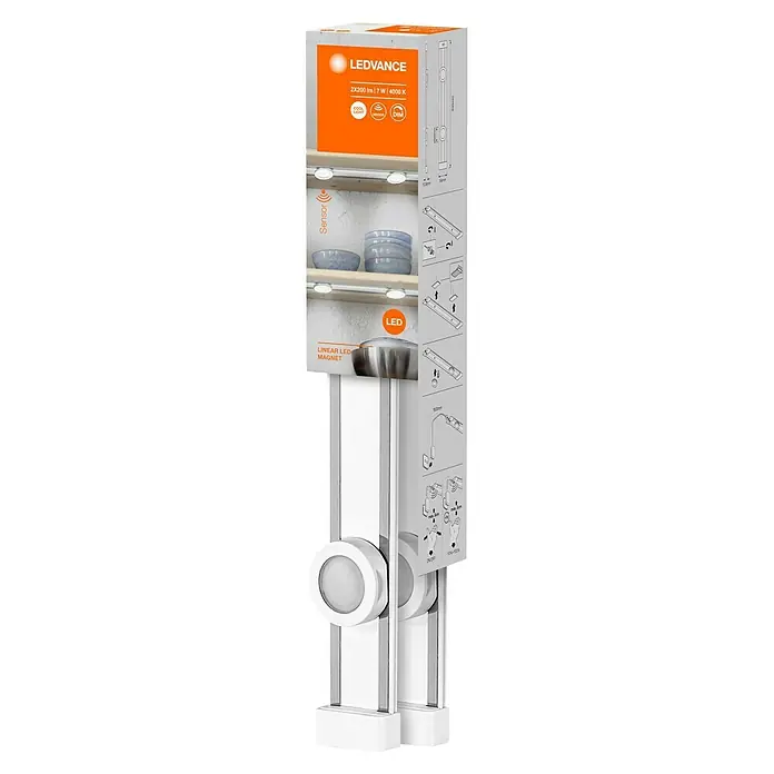 Ledvance LED-Unterbauleuchte Linear Magnet - L x B x H: 44,5 x 7,1 x 5,9 cm, Lichtfarbe: Kaltweiß, 220 V - 240 V - Nahaufnahme der LEDVANCE Leuchte, die sich durch ihr magnetisches lineares LED-Design und ihre energieeffiziente Beleuchtung auszeichnet.