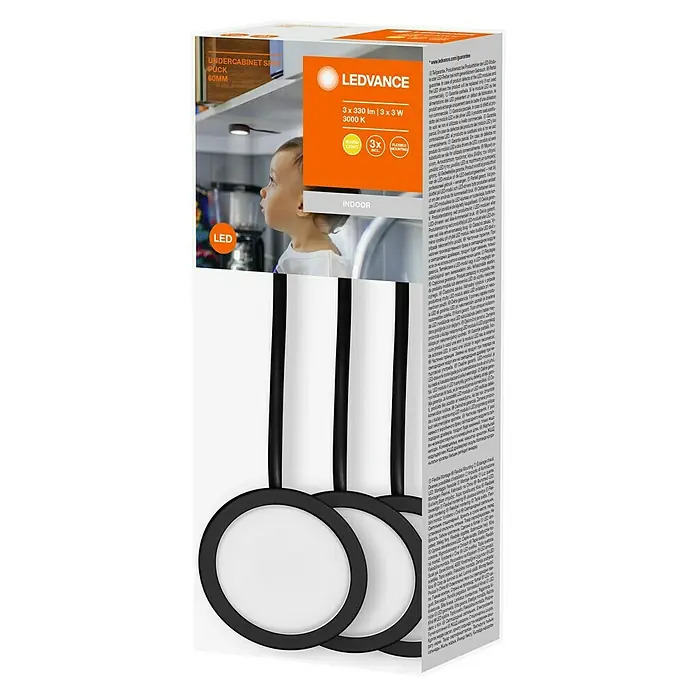 Ledvance LED-Unterbauleuchten-Set Spot Puck - Warmweiß, Schwarz - Bild eines LEDVANCE Unterbauspots mit 60mm Durchmesser, 3 x 330 lm, 3 x 3 W und 3000 K, ideal für die Innenraumbeleuchtung.