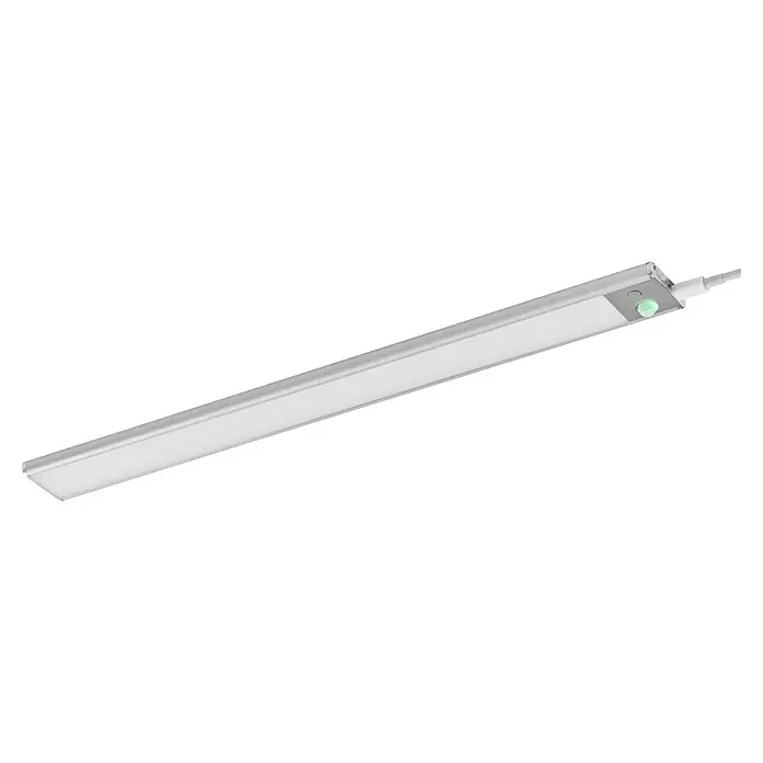 Ledvance LED-Unterbauleuchte Linear Flat Sensor + USB - Länge: 40 cm, Mehrfarbig - LED-Unterbauleuchte in Silber, mit einem grünen Schalter und einem Kabel, ideal für die Beleuchtung von Arbeitsflächen.