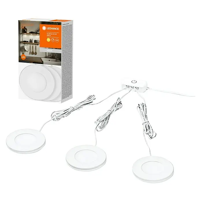 Ledvance LED-Unterbauleuchten-Set Spot Magnet - Warmweiß - Produktbild der LEDVANCE Unterbauleuchte mit drei runden Leuchten, einem Verteiler und einer Verpackung.