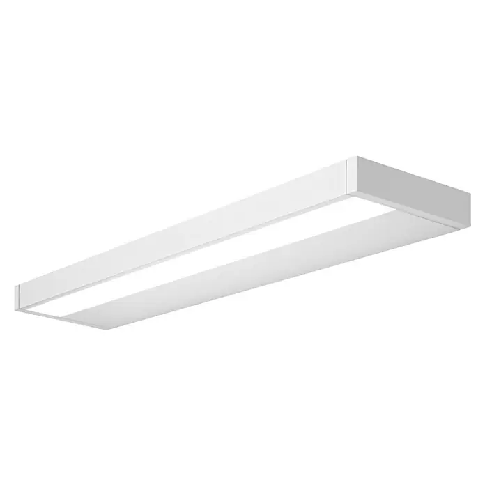 Ledvance LED-Unterbauleuchte Linear Shelf - Länge: 60 cm, Warmweiß - Eine längliche, weiße Deckenleuchte mit einem hellen, rechteckigen Lichtpaneel in der Mitte, ideal für moderne Büros und Geschäftsräume.