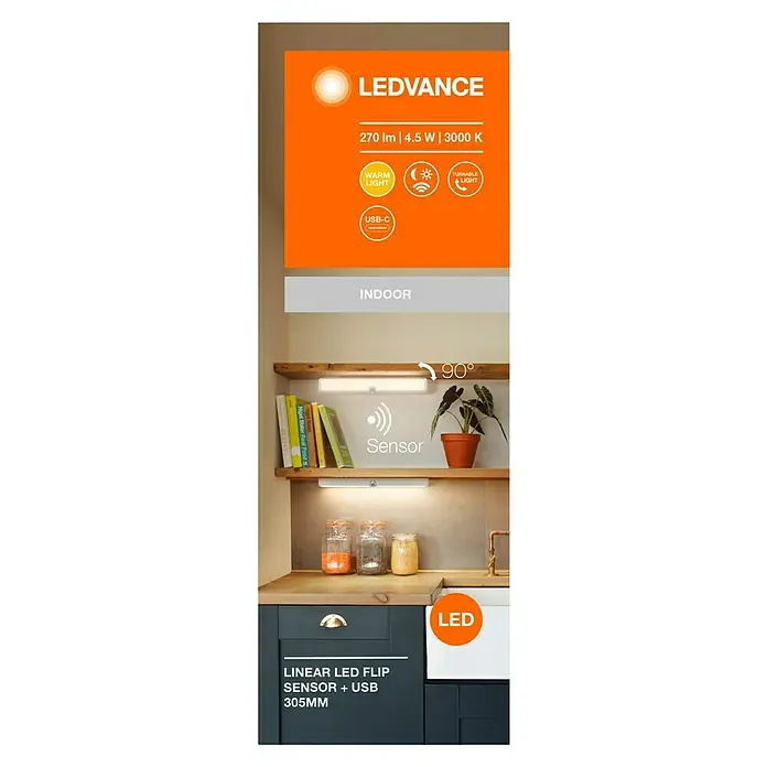 Ledvance LED-Unterbauleuchte Linear Flip - Länge: 30,5 cm, Warmweiß - Bild einer LEDVANCE Linear LED Flip Sensor + USB Leuchte mit 270 lm, 4.5 W und 3000 K, ideal für den Innenbereich.