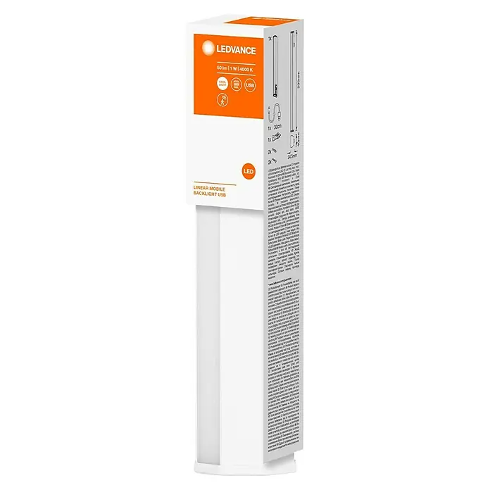 Ledvance LED-Unterbauleuchte Linear Mobile Backlight USB - Länge: 25,6 cm, Kaltweiß - Verpackung der LEDVANCE Linear Mobile Backlight USB: 50 lm, 1 W, 4000 K, mit Zubehör wie USB-Kabel und Montageelementen.