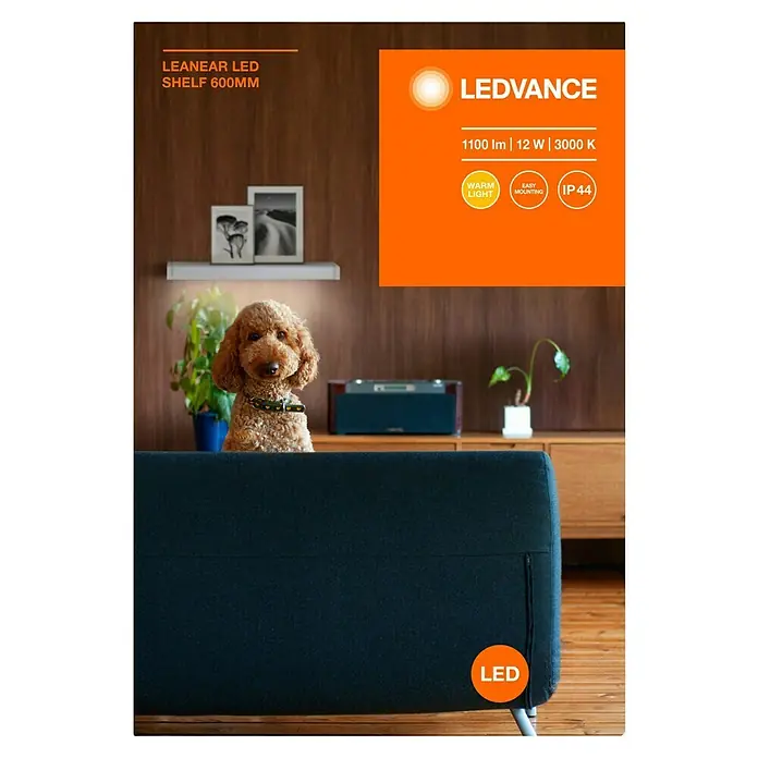 Ledvance LED-Unterbauleuchte Linear Shelf - Länge: 60 cm, Warmweiß - Nahaufnahme der LEDVANCE Leuchte LEANEAR LED SHELF 600MM mit warmweißem Licht und geringem Stromverbrauch, ideal für Regale.