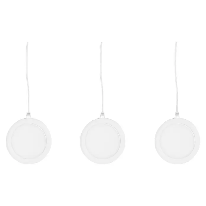 Ledvance Smart+ LED-Unterbauleuchten-Set - Mehrfarbig - Drei runde LED-Unterbauleuchten mit weißen Kabeln auf schwarzem Hintergrund. Moderne Beleuchtung für Küche oder Möbel.
