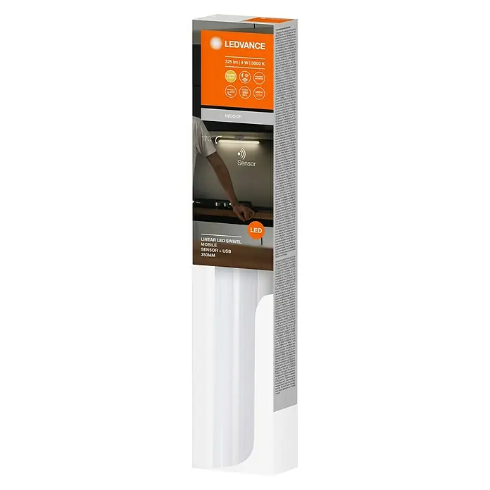 Ledvance LED-Unterbauleuchte Linear Swivel - Länge: 35 cm, Warmweiß - Bild der Verpackung einer LEDVANCE Linear LED-Schwenkleuchte mit Bewegungssensor und USB-Anschluss.