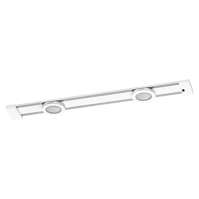 Ledvance LED-Unterbauleuchte Linear Magnet - L x B x H: 44,5 x 7,1 x 5,9 cm, Lichtfarbe: Kaltweiß, 220 V - 240 V - Eine weiße LED-Leuchte mit zwei runden Strahlern an einer Schiene, ideal für moderne Beleuchtungskonzepte und flexible Lichtgestaltung.
