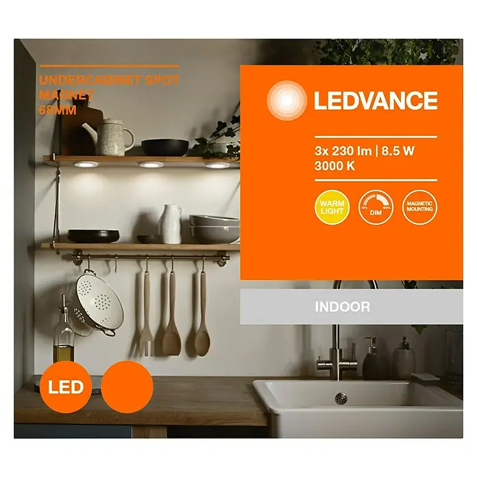 Ledvance LED-Unterbauleuchten-Set Spot Magnet - Warmweiß - LEDVANCE Unterbauleuchte, magnetisch, 68 mm Durchmesser. Warmweißes Licht, dimmbar, einfache magnetische Montage für den Innenbereich.