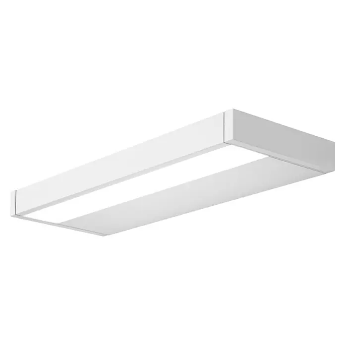 Ledvance LED-Unterbauleuchte Linear Shelf - Länge: 40 cm, Warmweiß - Das Bild zeigt eine weiße Deckenleuchte, die länglich geformt ist und ein helles, diffuses Licht abgibt, ideal für Büros oder Flure.