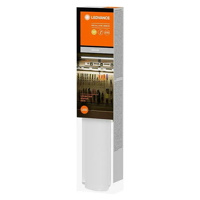 Ledvance LED-Unterbauleuchte Batten Sensor - Länge: 31,3 cm, Warmweiß - Produktverpackung für LEDVANCE LED Batten Sensor 32cm Leuchte.  450 lm, 4 W, 3000 K, warmweißes Licht und flexibler Montage für den Innenbereich.