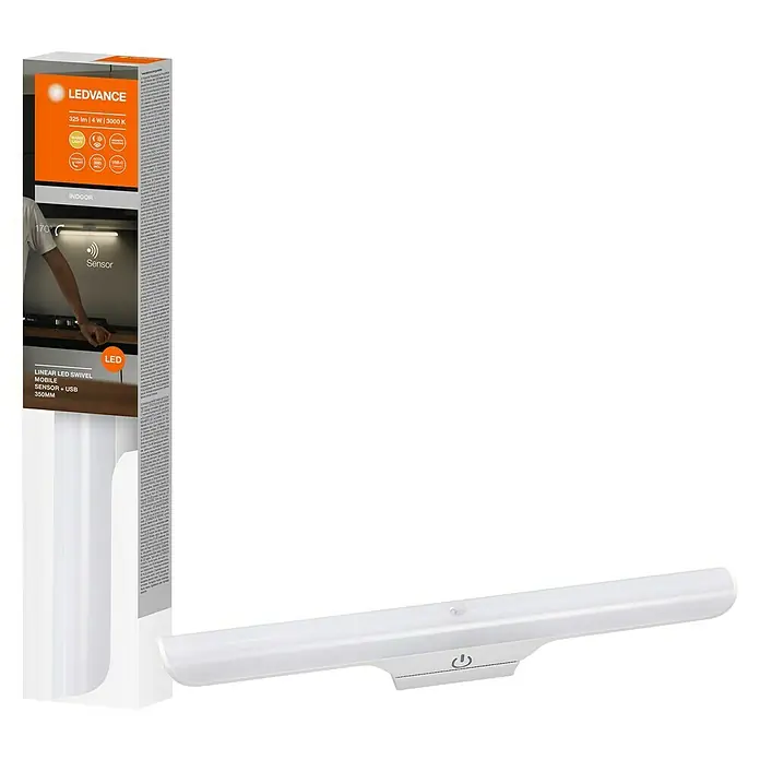 Ledvance LED-Unterbauleuchte Linear Swivel - Länge: 35 cm, Warmweiß - Abbildung einer LEDVANCE Linear LED Swivel Leuchte mit Bewegungssensor und USB-Anschluss, ideal für den Innenbereich.