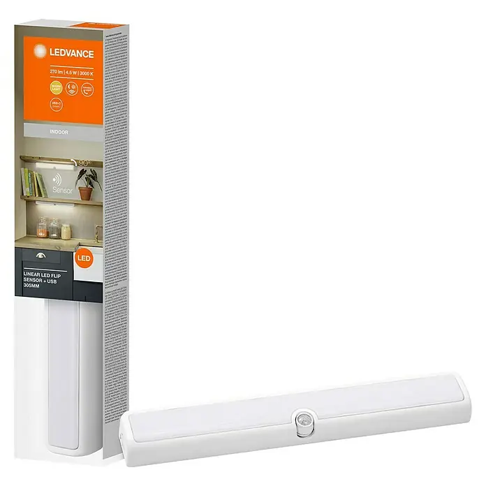 Ledvance LED-Unterbauleuchte Linear Flip - Länge: 30,5 cm, Warmweiß - Das LEDVANCE Linear LED Flip Sensor Licht, mit 270lm, 4.5W und 3000K, ist ideal für den Innenbereich und kommt mit USB Anschluss.