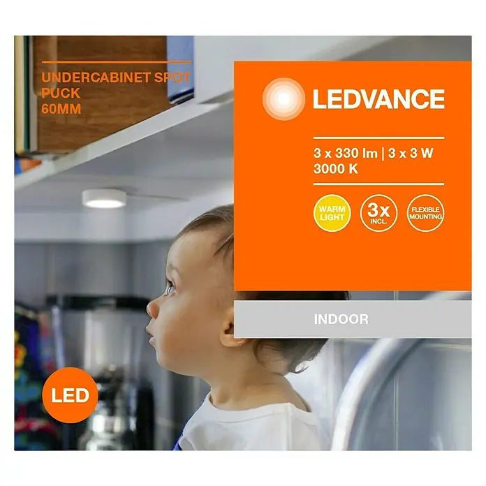 Ledvance LED-Unterbauleuchten-Set Spot Puck - Warmweiß, Weiß - LEDVANCE Unterbauleuchte Spot Puck 60mm. 3er-Pack mit warmweißem Licht (3000K), 3 x 330 lm, flexible Montage, ideal für den Innenbereich.