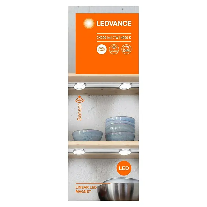 Ledvance LED-Unterbauleuchte Linear Magnet - L x B x H: 44,5 x 7,1 x 5,9 cm, Lichtfarbe: Kaltweiß, 220 V - 240 V - Produktbild der LEDVANCE-Leuchte mit Sensor und Dimmfunktion, ideal für Schränke, mit 2x200 lm, 7 W und 4000 K für kühles Licht.