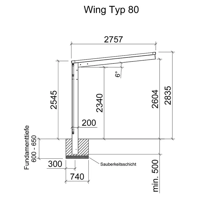Ximax Carport - Einzelcarport, Anthrazit - Technische Zeichnung eines Wing Typ 80 mit Bemaßungen für Fundamenttiefe und Gesamthöhe.