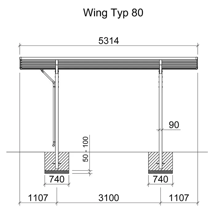 Ximax Carport - Einzelcarport, Anthrazit - Wing Typ 80: Eine technische Zeichnung mit den Maßen. Die Gesamtbreite beträgt 5314 mm.