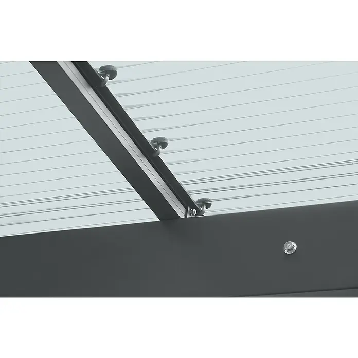 Ximax Carport - Einzelcarport, Anthrazit - Nahaufnahme einer Terrassenüberdachung mit transparenten Paneelen und grauen Metallrahmen, die durch Befestigungselemente verbunden sind.