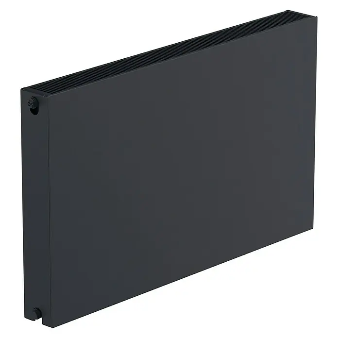 Sanicomfort Planheizkörper - B x H: 600 x 600 mm, Wärmeleistung bei Vorlauftemperatur von 75 °C (D: 50): 949 W, Typ Heizkörper: 22 - Hier ist ein Bild eines modernen, grauen Heizkörpers mit horizontaler Rippenstruktur für effiziente Wärmeverteilung.