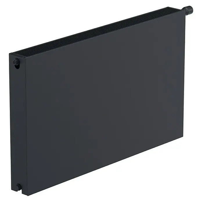 Sanicomfort Planheizkörper - B x H: 600 x 600 mm, Wärmeleistung bei Vorlauftemperatur von 75 °C (D: 50): 949 W, Typ Heizkörper: 22 - Nahaufnahme eines eleganten, schwarzen Heizkörpers. Ein modernes Designelement für jeden Raum, das Wärme und Stil vereint.