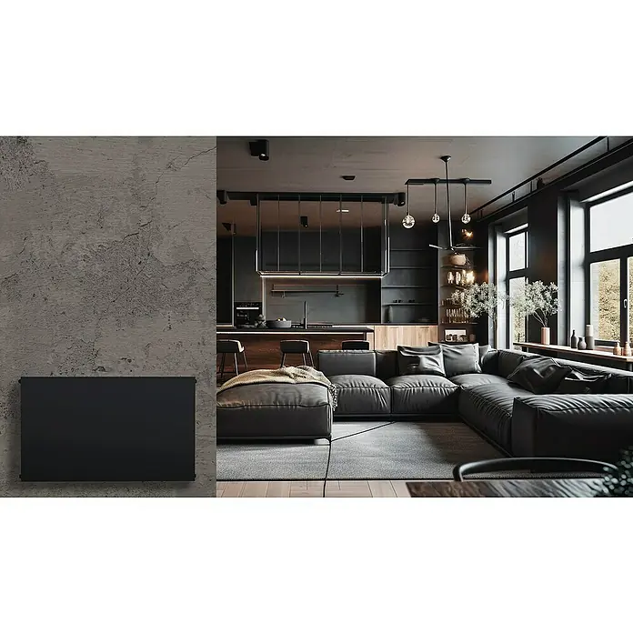 Sanicomfort PlanheizkörperB x H: 100 x 60 cm, Wärmeleistung bei Vorlauftemperatur von 75 °C (D: 50): 1.582 W, Typ Heizkörper: 22 - Ein minimalistischer schwarzer Heizkörper an einer strukturierten grauen Wand, der Wärme und modernes Design in Einklang bringt.