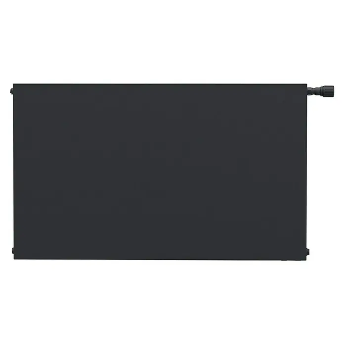 Sanicomfort Planheizkörper - B x H: 600 x 600 mm, Wärmeleistung bei Vorlauftemperatur von 75 °C (D: 50): 949 W, Typ Heizkörper: 22 - Nahaufnahme eines schwarzen Heizkörpers mit einem Thermostatventil. Es ist ein Heizkörper für Wohnräume, der für Wärme sorgt.