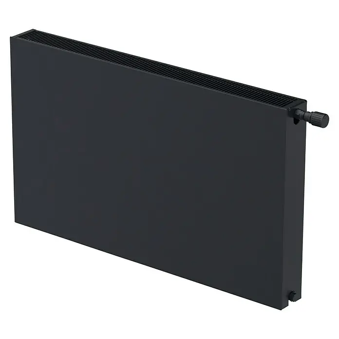 Sanicomfort Planheizkörper - B x H: 600 x 600 mm, Wärmeleistung bei Vorlauftemperatur von 75 °C (D: 50): 949 W, Typ Heizkörper: 22 - Schwarzer Heizkörper mit horizontalen Rillen und einem kleinen Drehknopf an der Seite. Erwärmt jeden Raum stilvoll.