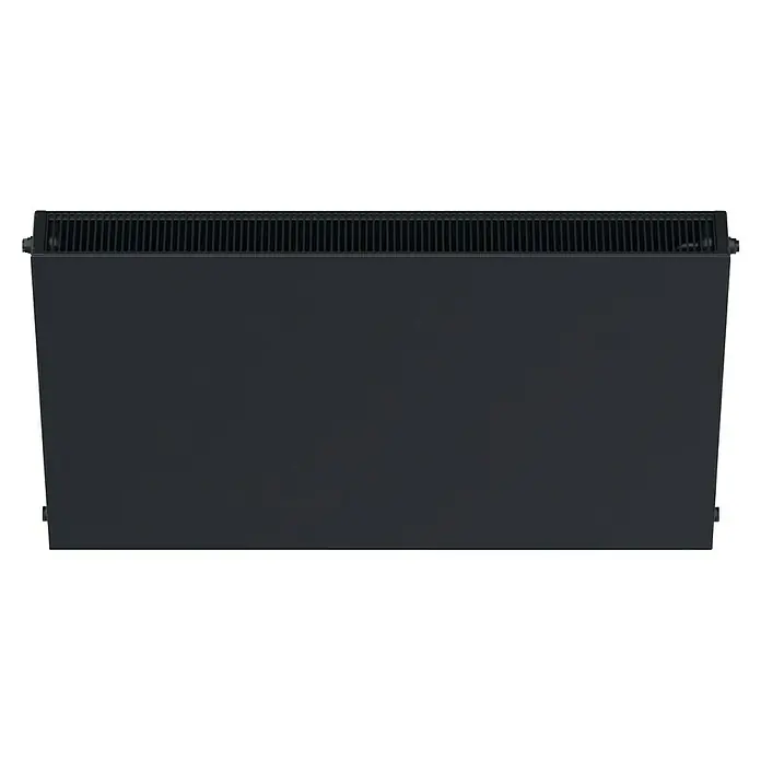 Sanicomfort Planheizkörper - B x H: 600 x 600 mm, Wärmeleistung bei Vorlauftemperatur von 75 °C (D: 50): 949 W, Typ Heizkörper: 22 - Nahaufnahme eines schwarzen Heizkörpers mit Lamellenstruktur, ideal für moderne Wohnräume und energieeffiziente Heizsysteme.