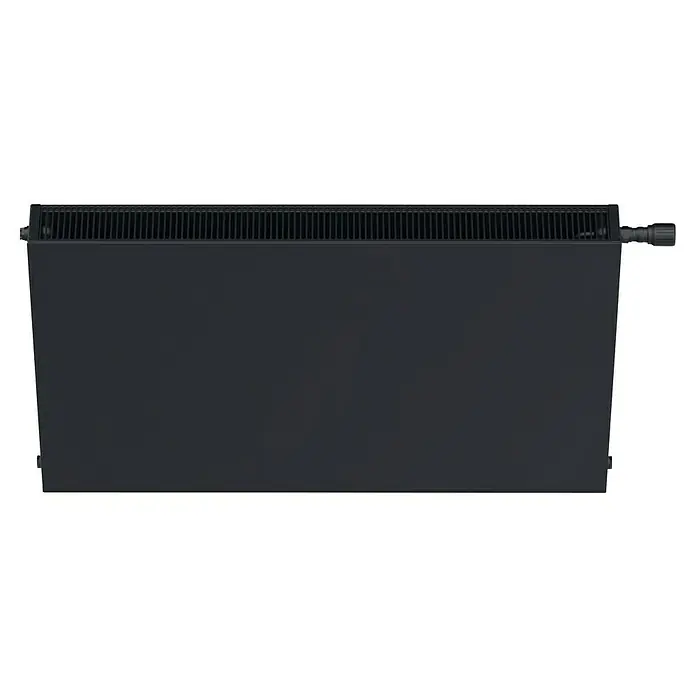 Sanicomfort Planheizkörper - B x H: 600 x 600 mm, Wärmeleistung bei Vorlauftemperatur von 75 °C (D: 50): 949 W, Typ Heizkörper: 22 - Nahaufnahme eines schwarzen Heizkörpers mit Rippen oben und einem Drehknopf an der Seite für die Temperaturregelung.