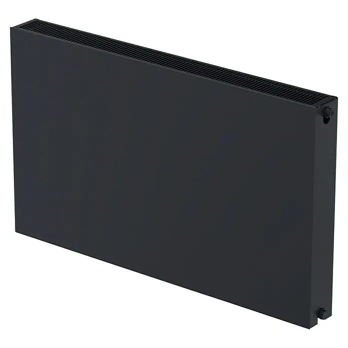 Sanicomfort Planheizkörper - B x H: 600 x 600 mm, Wärmeleistung bei Vorlauftemperatur von 75 °C (D: 50): 949 W, Typ Heizkörper: 22 - Nahaufnahme eines schwarzen Heizkörpers mit horizontalen Rillen oben und Schrauben an den Seiten.