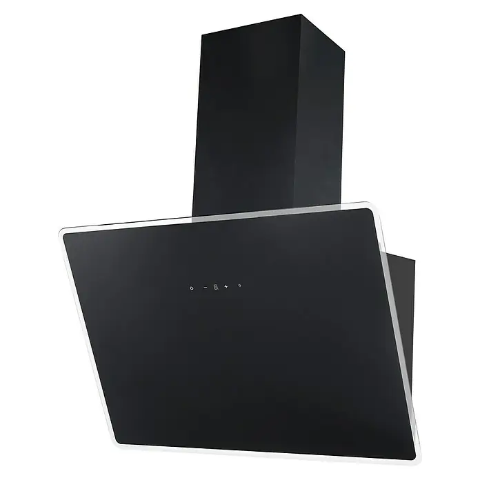 Respekta Schräghaube Lora - Breite: 59,5 cm, Max. Gebläseleistung Abluftbetrieb: 490,6 m³/h, Schwarz - Elegante Dunstabzugshaube in Schwarz mit minimalistischem Design und silbernen Akzenten, die eine moderne Kücheneinrichtung ergänzt.