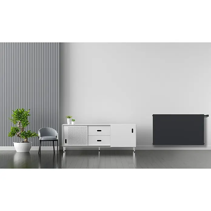 Sanicomfort PlanheizkörperB x H: 100 x 60 cm, Wärmeleistung bei Vorlauftemperatur von 75 °C (D: 50): 1.582 W, Typ Heizkörper: 22 - Eine stilvolle Inneneinrichtung mit einem eleganten Sideboard und einem modernen Heizkörper, die dem Raum Charakter verleihen.