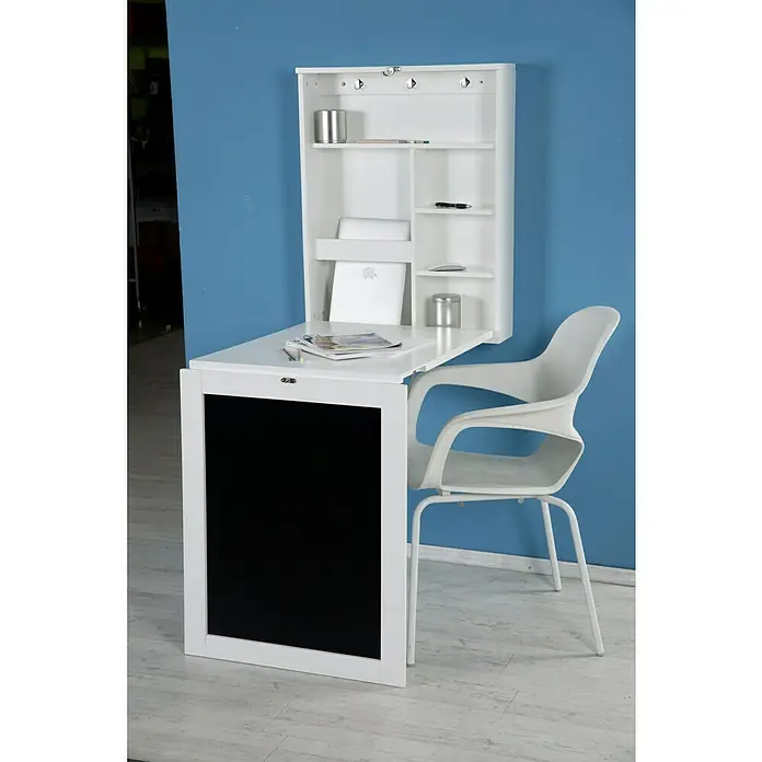 Phönix Wandschreibtisch York - L x B x H: 60 x 75,5 x 149 cm, Weiß/Schwarz - Klappbarer Wandtisch mit Stauraum und weißem Stuhl vor blauer Wand. Ideal für kleine Räume und Homeoffice.
