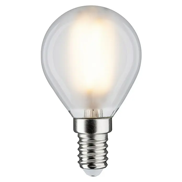 Paulmann LED-Lampe - E14, Dimmbar, Warmweiß, 470 lm, 5 W - Nahaufnahme einer E14 LED Lampe mit matter Oberfläche, die ein warmes, diffuses Licht erzeugt und Energieeffizienz bietet.