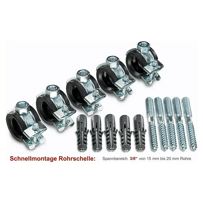 Click-Rohrschellen-Set - Durchmesser: 15 mm - 20 mm, 5 Stk. - Schnellmontage Rohrschelle mit Dübeln und Schrauben für Rohre von 15 mm bis 20 mm. Ideal für die einfache und schnelle Befestigung.