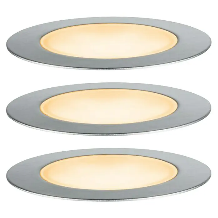 Paulmann Plug & Shine Basis-Set Floor Mini insektenfreundlich - Silber, IP67, Durchmesser: 6,3 cm - Drei runde LED-Einbaustrahler mit silbernem Rahmen und warmweißem Licht, ideal für moderne Innenräume.