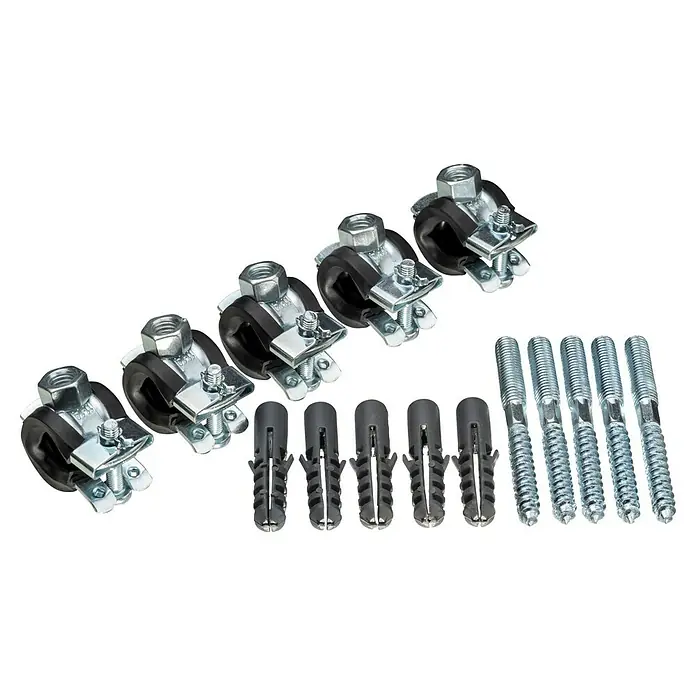 Click-Rohrschellen-Set - Durchmesser: 11 mm - 14 mm, 5 Stk. - Das Bild zeigt eine Nahaufnahme von Rohrschellen mit Dübel und Stockschrauben, die für die Befestigung von Rohren verwendet werden.