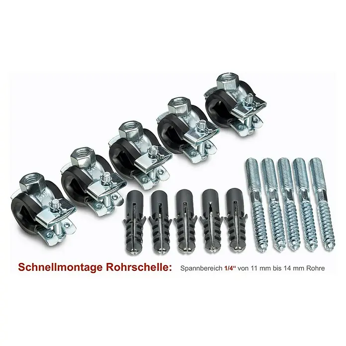 Click-Rohrschellen-Set - Durchmesser: 11 mm - 14 mm, 5 Stk. - Schnellmontage Rohrschelle: Rohrschellen-Set mit Schrauben und Dübeln zur einfachen und schnellen Befestigung von Rohren.