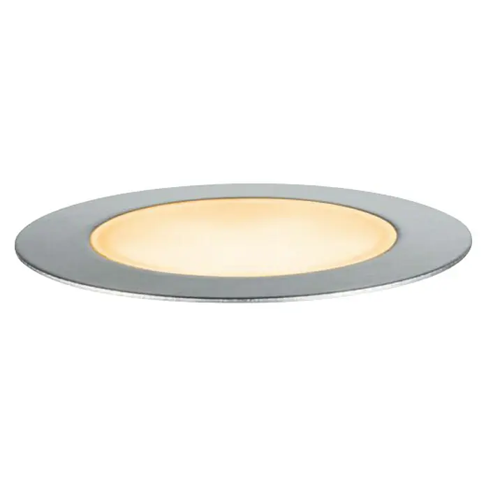 Paulmann Plug & Shine Foco para empotrar en suelo - 4,5 cm, Ámbar, IP67, Gris - Primer plano de una luz LED empotrable redonda con marco plateado y luz blanca cálida, ideal para interiores modernos e iluminación energéticamente eficiente.