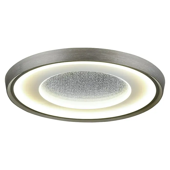 MegaLight LED-Deckenleuchte rund - 40 W, Ø x H: 50 x 6,5 cm, Silber/Weiß, Warmweiß - Diese Nahaufnahme zeigt eine moderne Deckenleuchte mit einem silbernen Rahmen und einem kreisförmigen Lichtdesign.