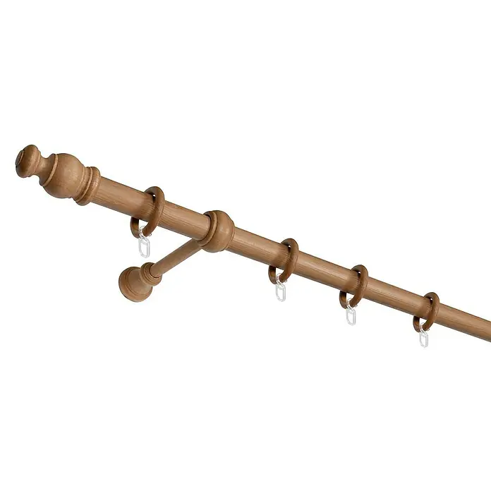 Expo Ambiente Komplettgarnitur Mini - Länge: 160 cm, Buche - Eine Gardinenstange aus Holz mit Ringen und dekorativen Endstücken, ideal für stilvolle Fensterdekorationen im Wohnbereich.